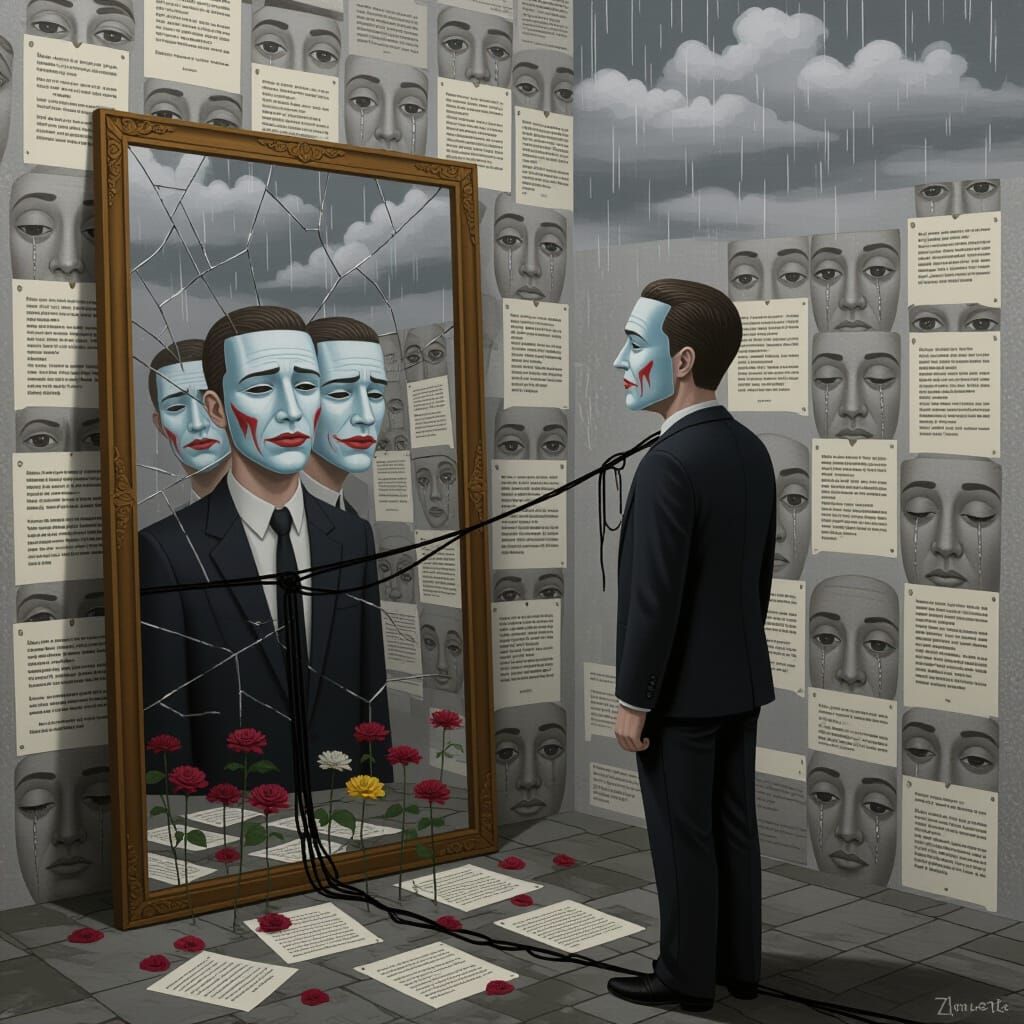 Man Faces Inner Turmoil Reflected in Cracked Mirror