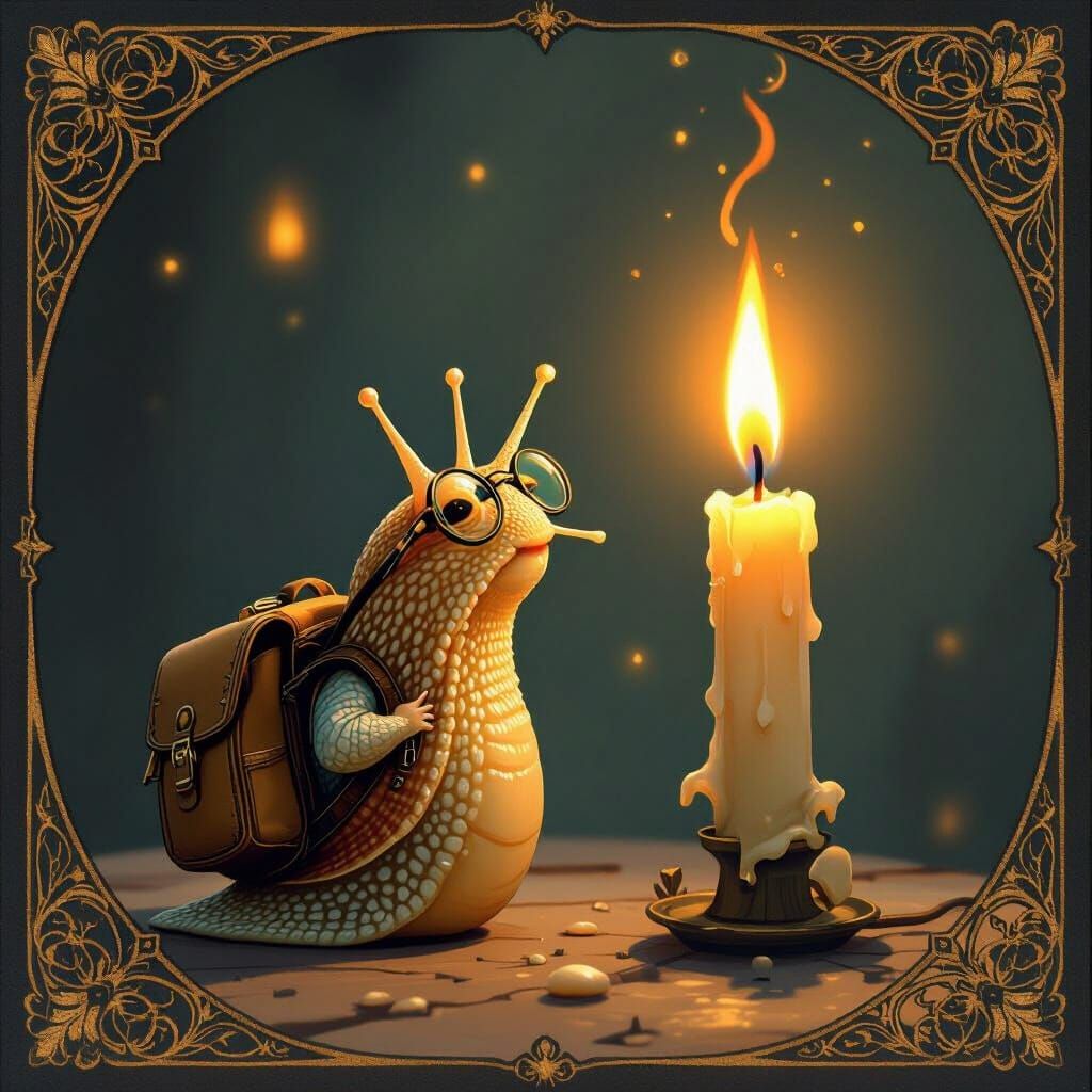 Snail Gazing at Candle in Art Nouveau Style