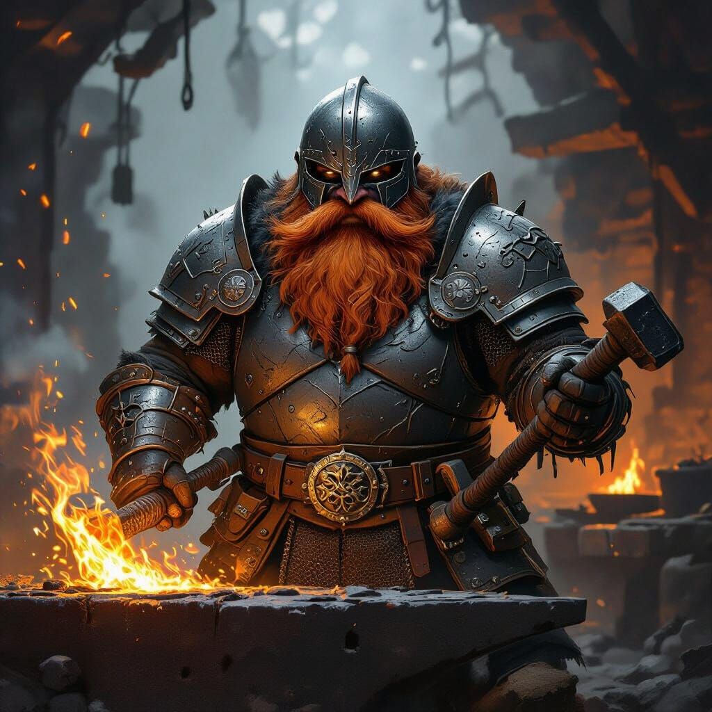 Dwarf Blacksmith in Plate Mail, Holding Glowing Hammer