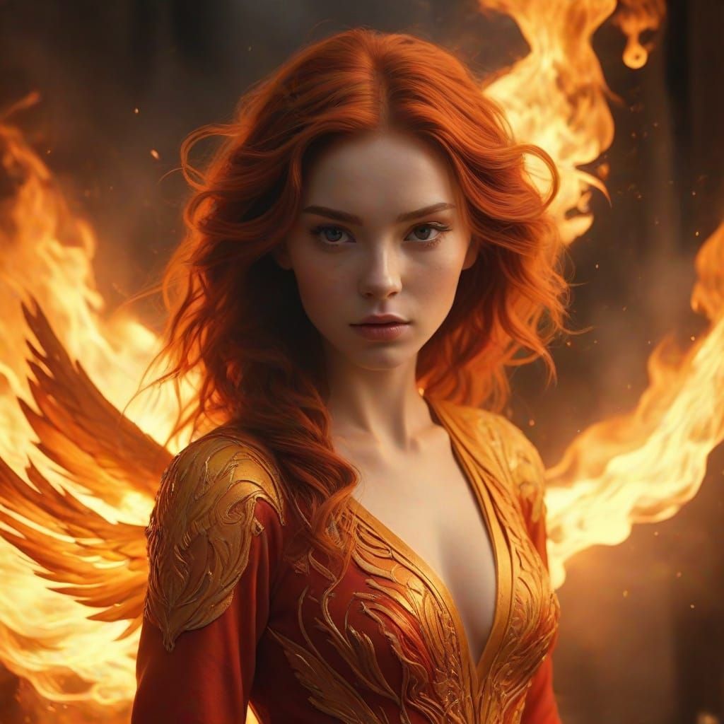 Auburn Haired Woman Transforms into a Radiant Phoenix in a F...