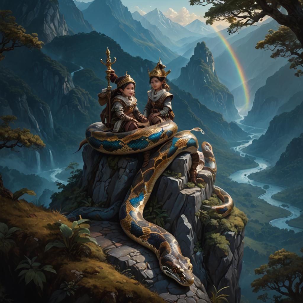 Miniature Riders on Giant Python in Fantasy World