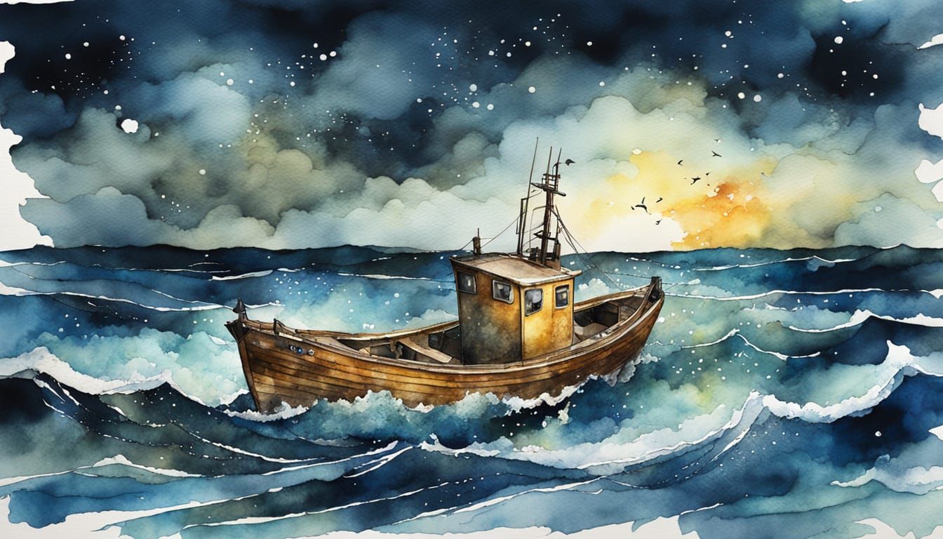 Fisherman's Boat on Stormy Sea: Watercolor and Ink