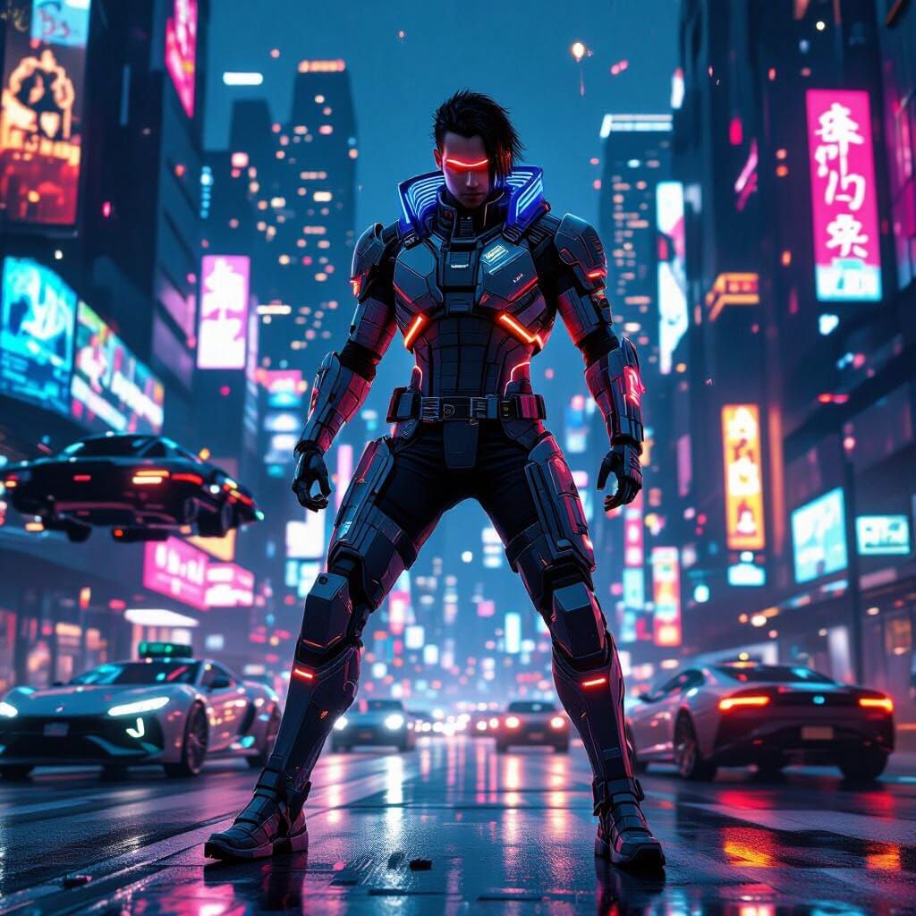 Cyberpunk Protagonist in Futuristic Cityscape