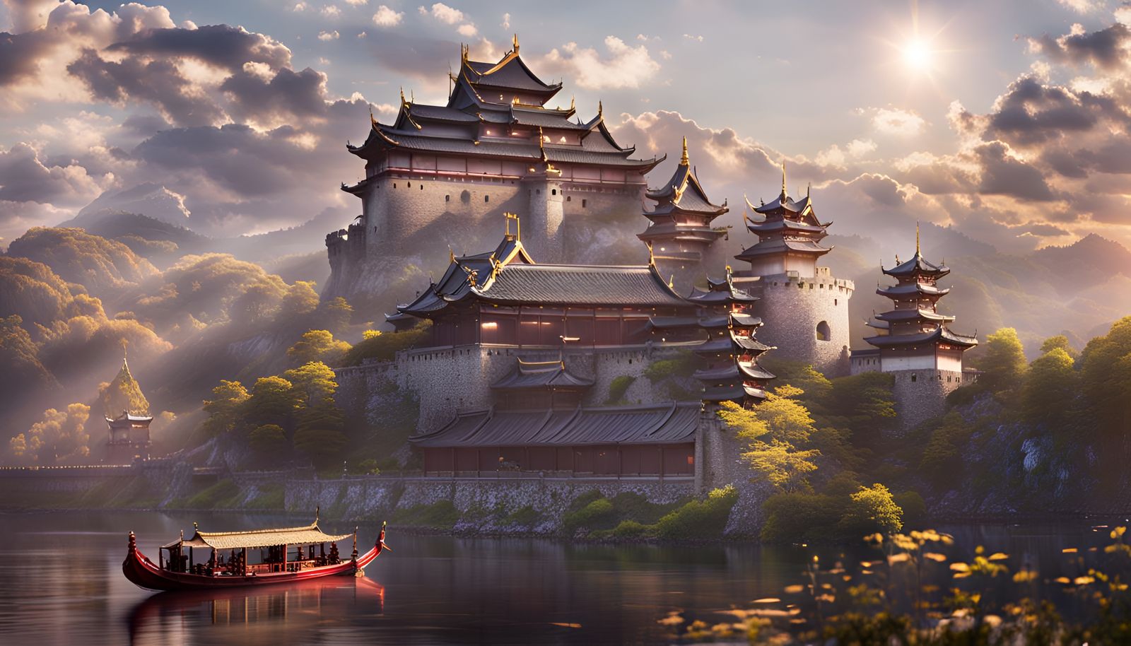 Samurai Castle and Imperial Barge: Cinematic Photo