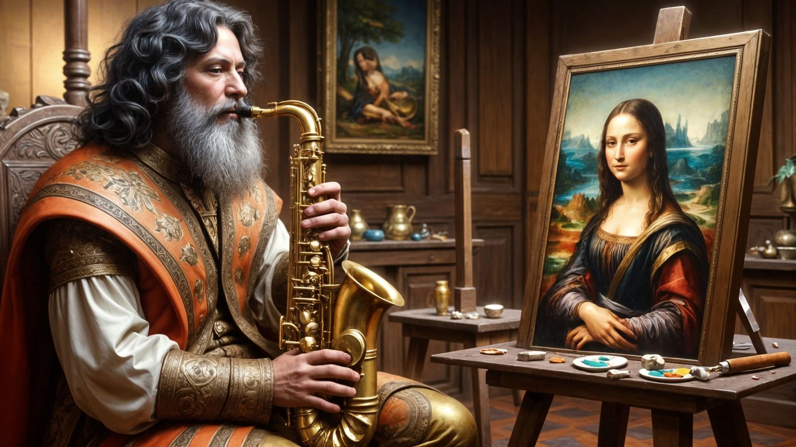 Leonardo da Vinci Plays Sax in a Renaissance Studio