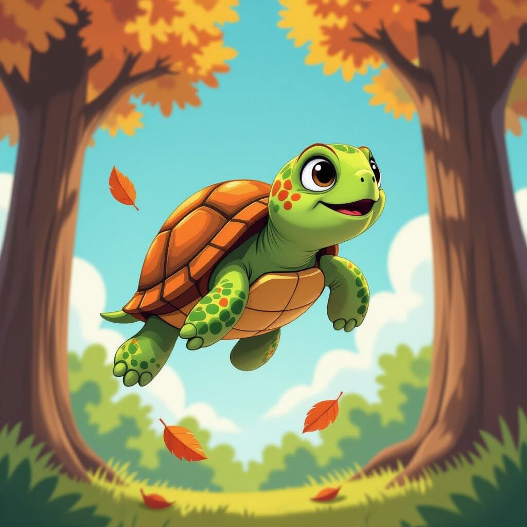 Adorable Turtle Skydiving from Tree in Whimsical Cartoon Sty...