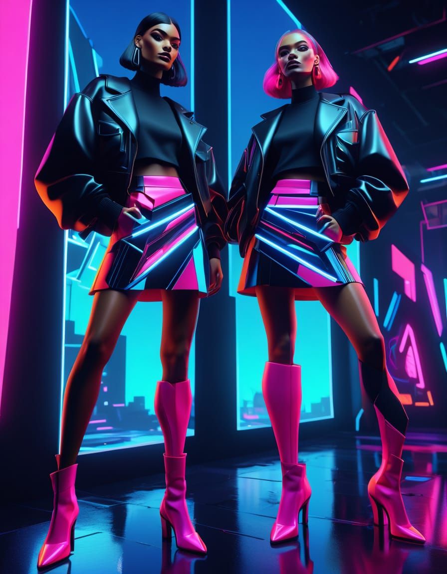 Geometric Punk Goddesses in Vibrant Synthwave Style
