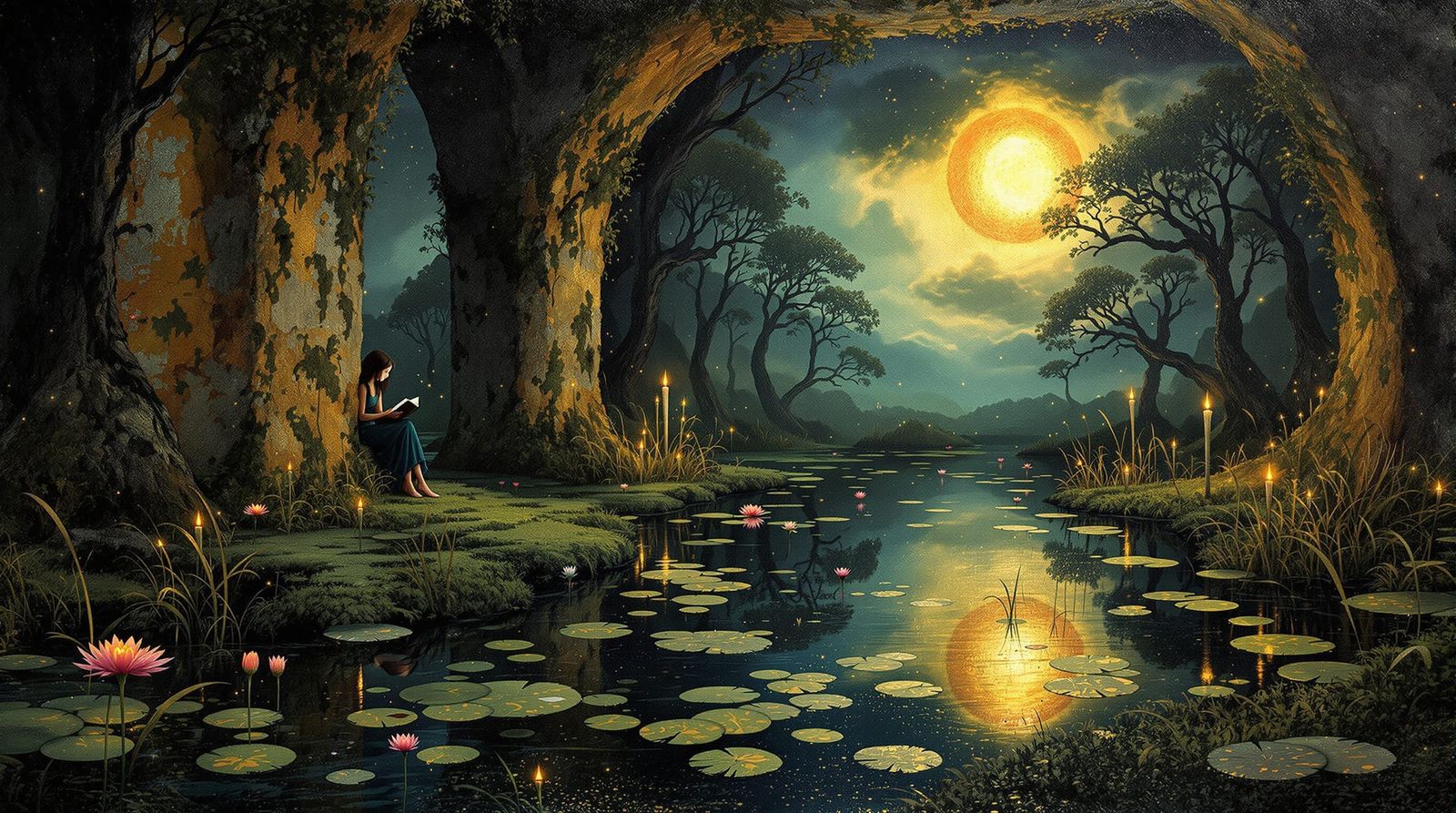 Girl Reading in Overgrown Building, Abstract Expressionism