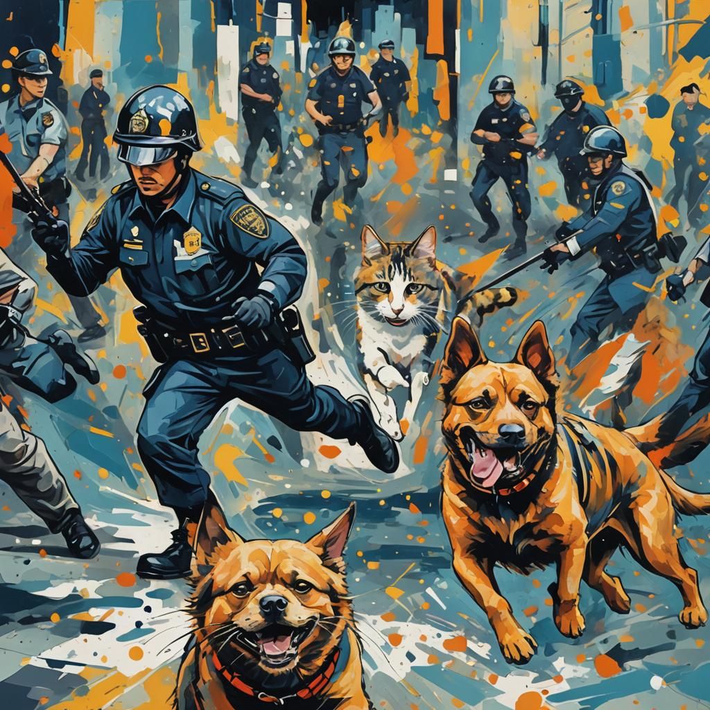 Cat and Dog Fleeing Police: Abstract Art