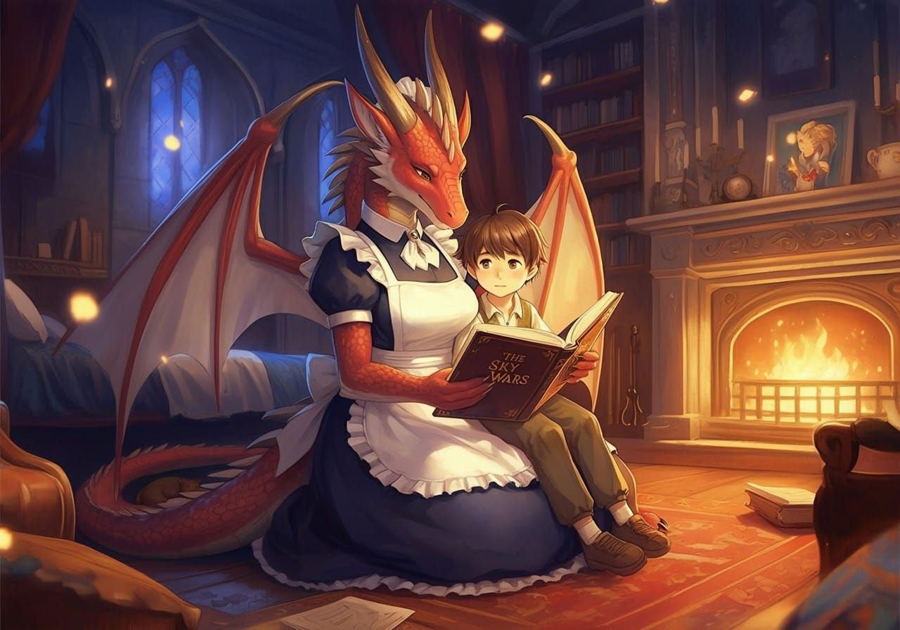 Dragon Maid Reading to Boy, Pastel Anime Style