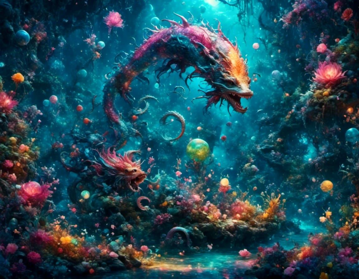 Colorful Sea Monsters in Dreamy Purple Fantasy