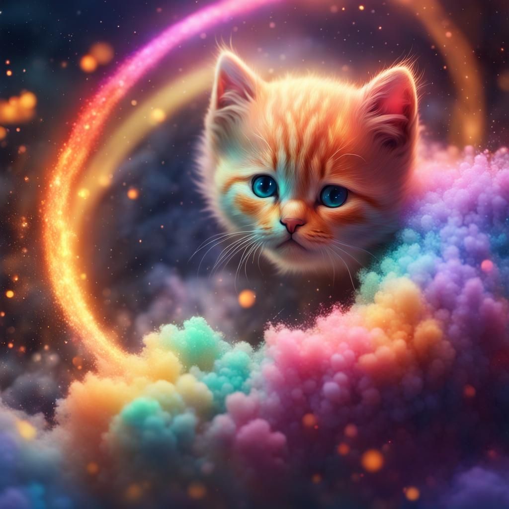 Fiery Kitten in Galactic Rainbow Snowscape