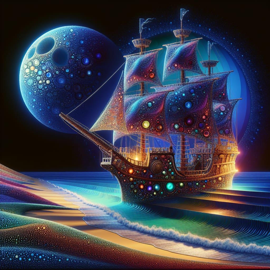 Spectral Pirate Ship in Fractal Glow, Battle Scene on Jupite...