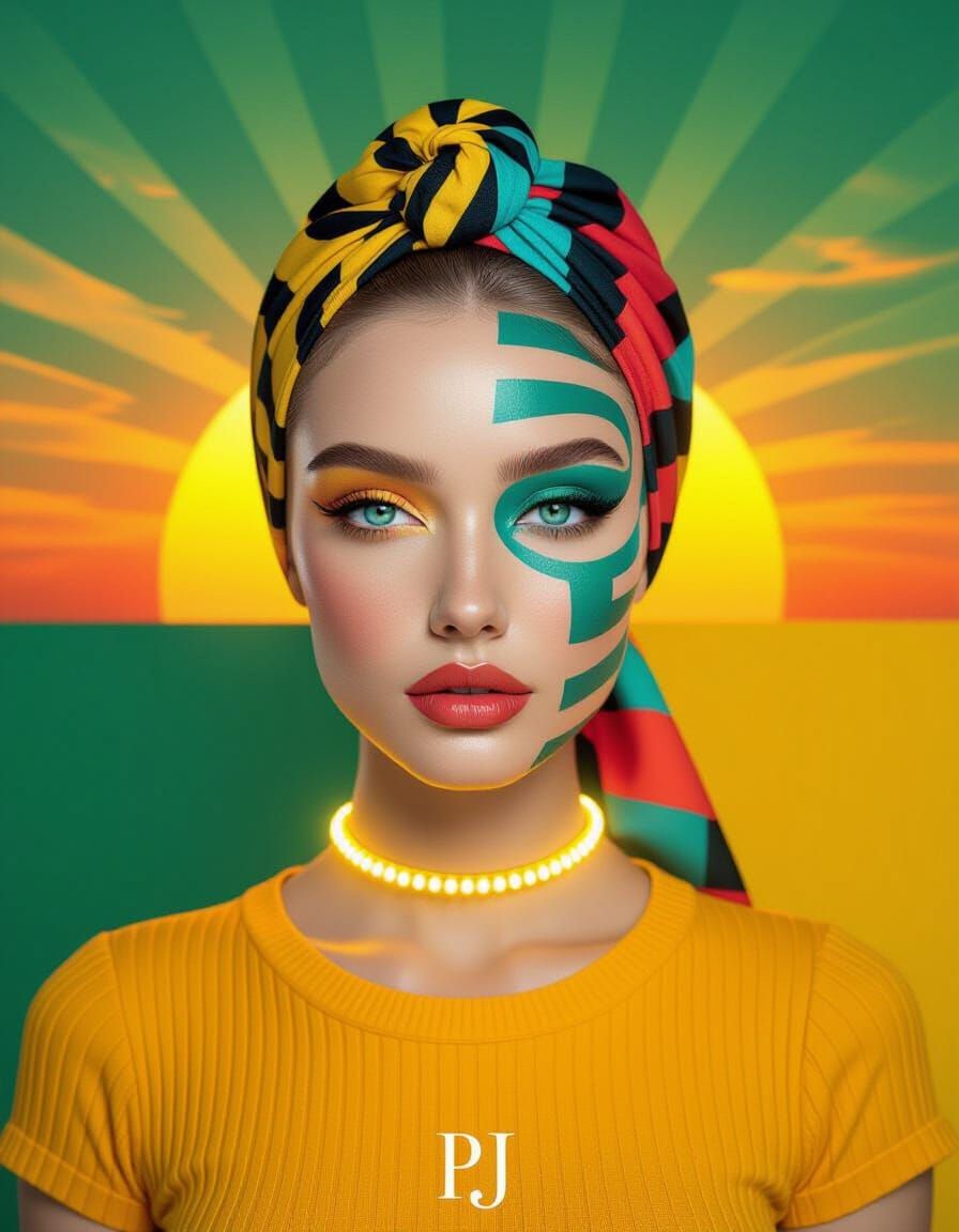 Surreal Portrait: Woman With Geometric Face and Zebra Stripe...