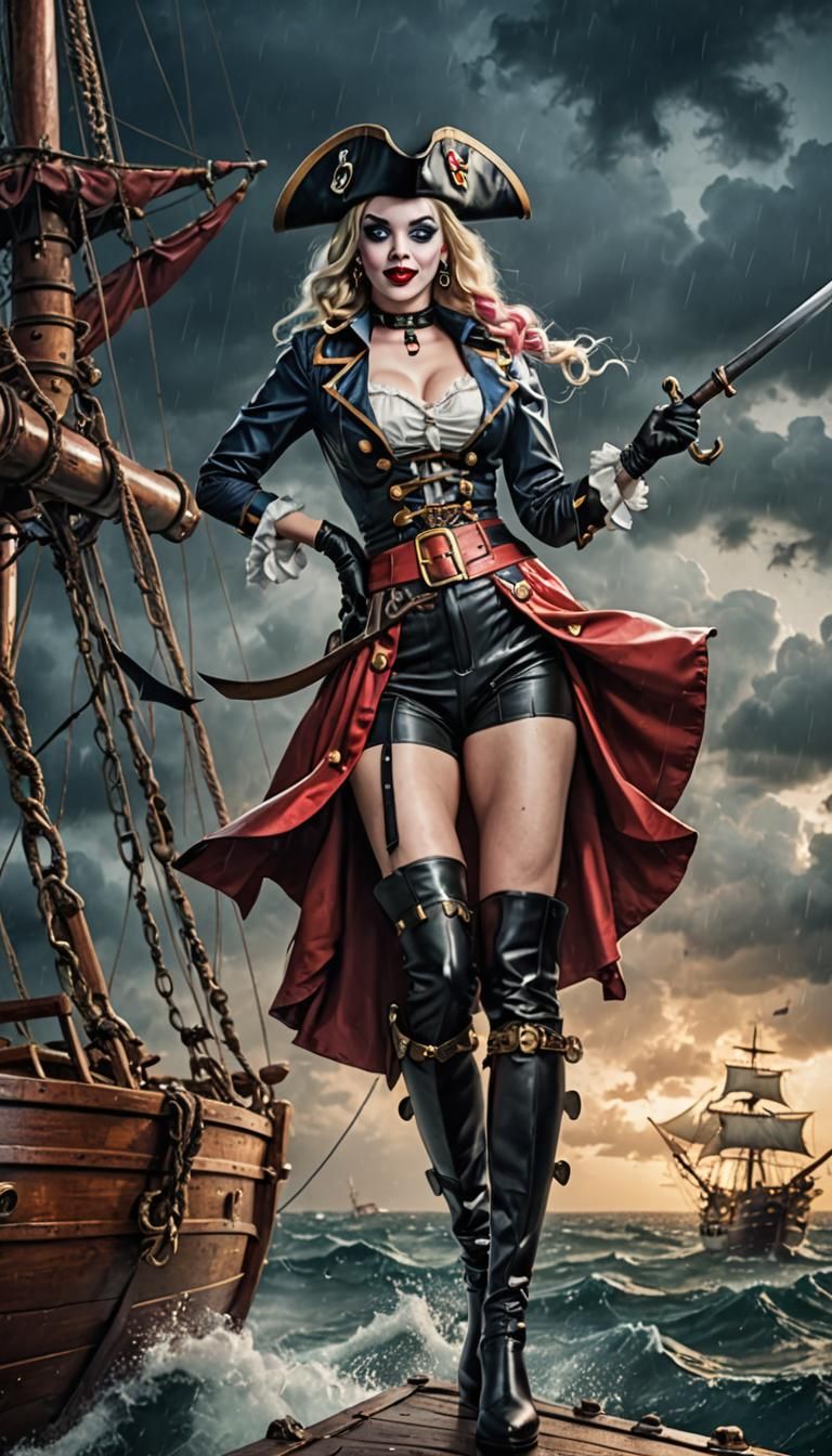 Harley Quinn Pirate Pinup in Stormy Battle