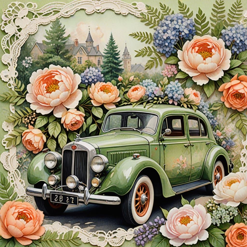 Vintage Car Floral Display in Impressionist Style