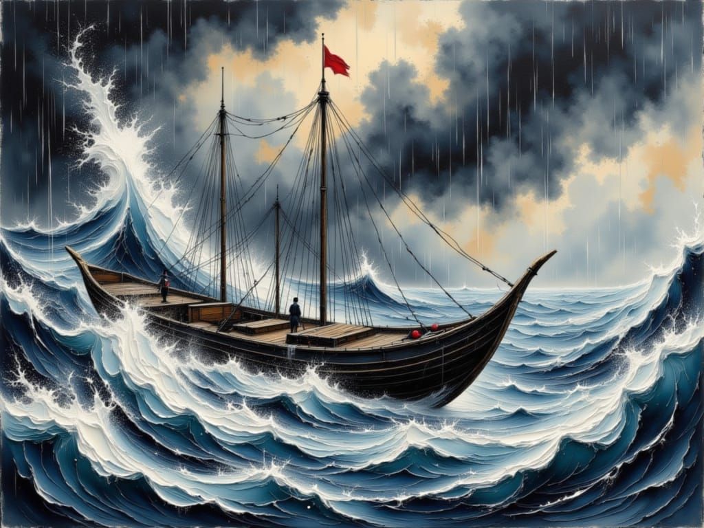 Japanese Fishing Boat in Stormy Seas