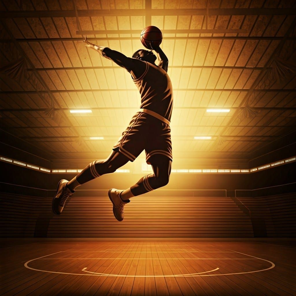 Ethereal Basketball Hero in Retro Gymnasium