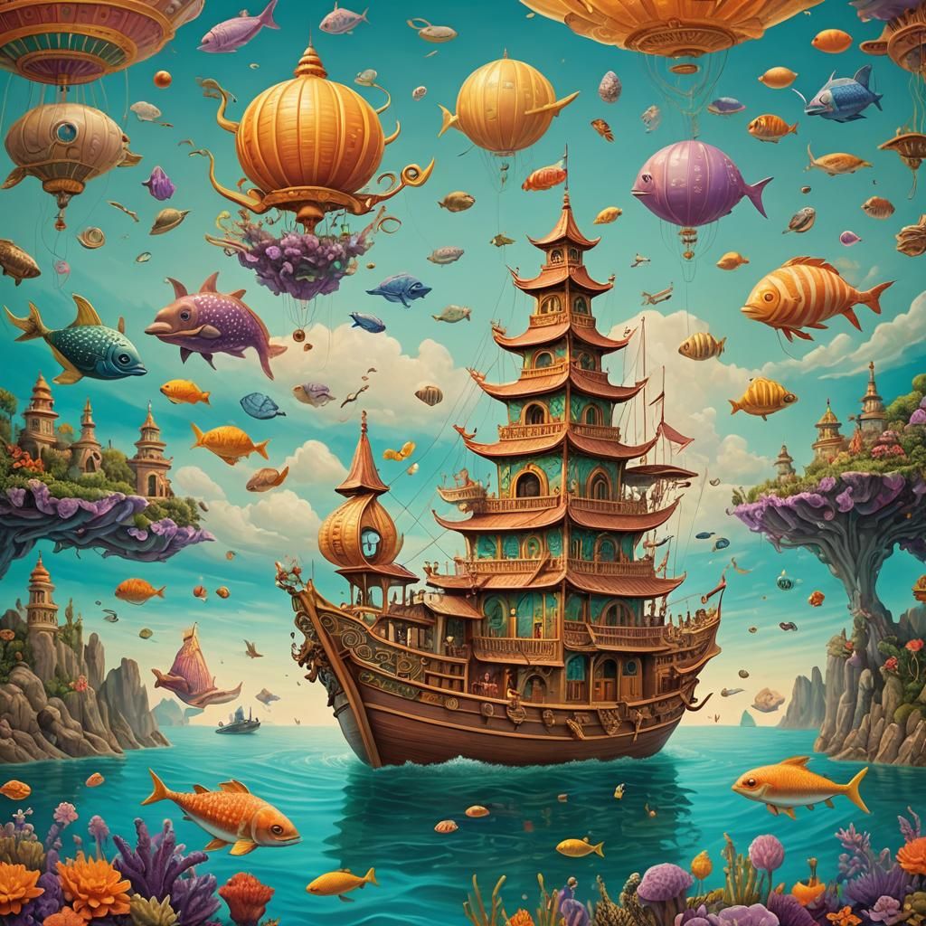 Fantastical Pagoda Boat on Turquoise Sea