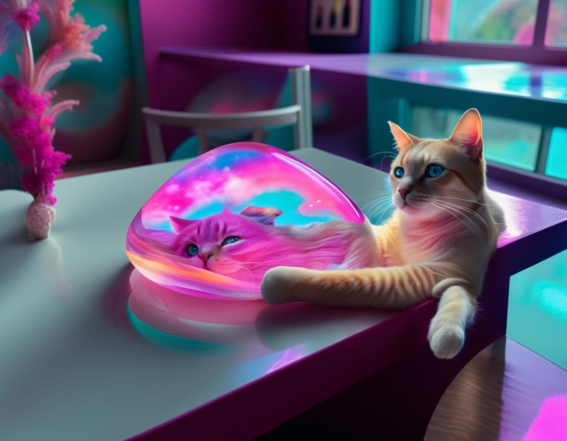 Cute Blonde Cat on Glowing Stone with Rainbow