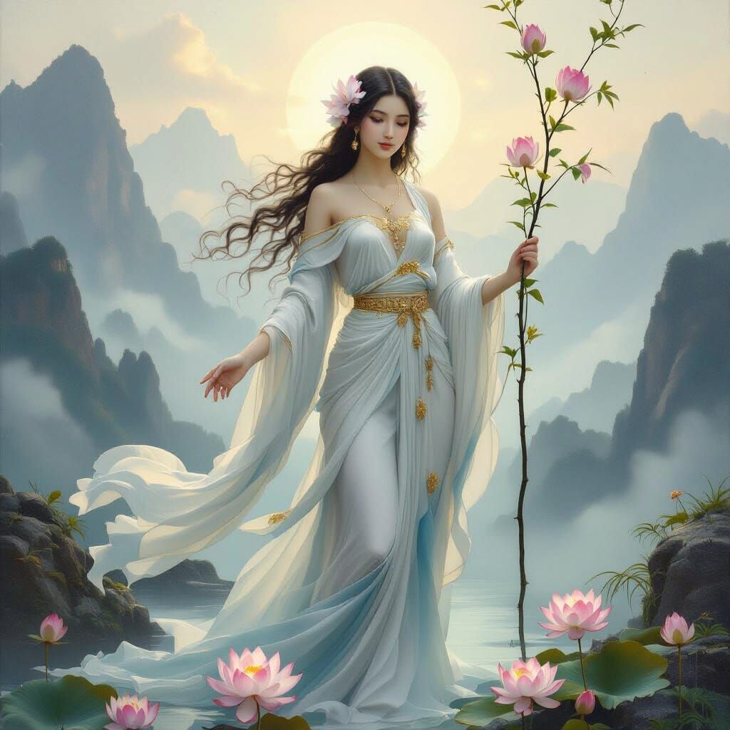 Serene Goddess of Mercy Amidst Misty Mountains