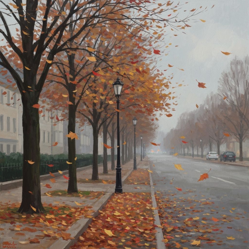 Autumn Street Scene: Falling Leaves in Impressionistic Style