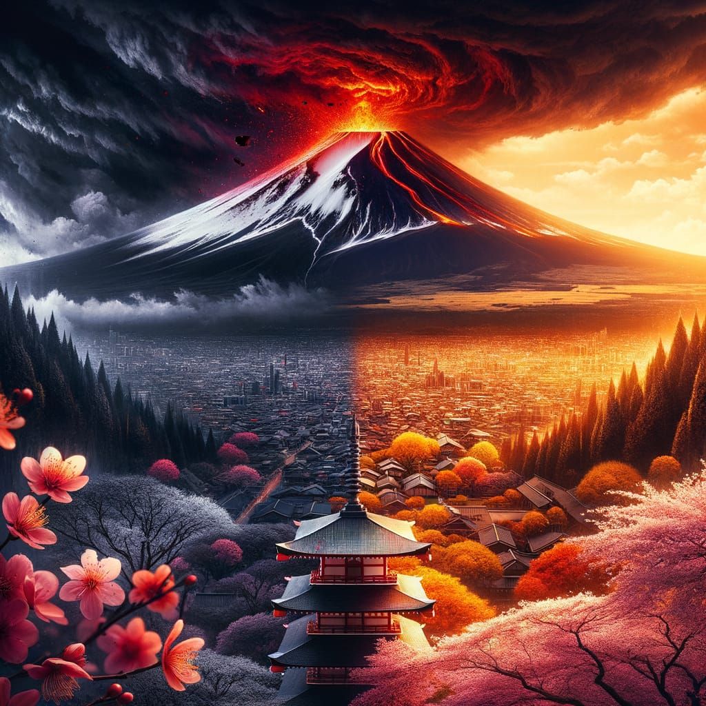Mount Fuji: Erupting Volcano vs. Blooming Spring
