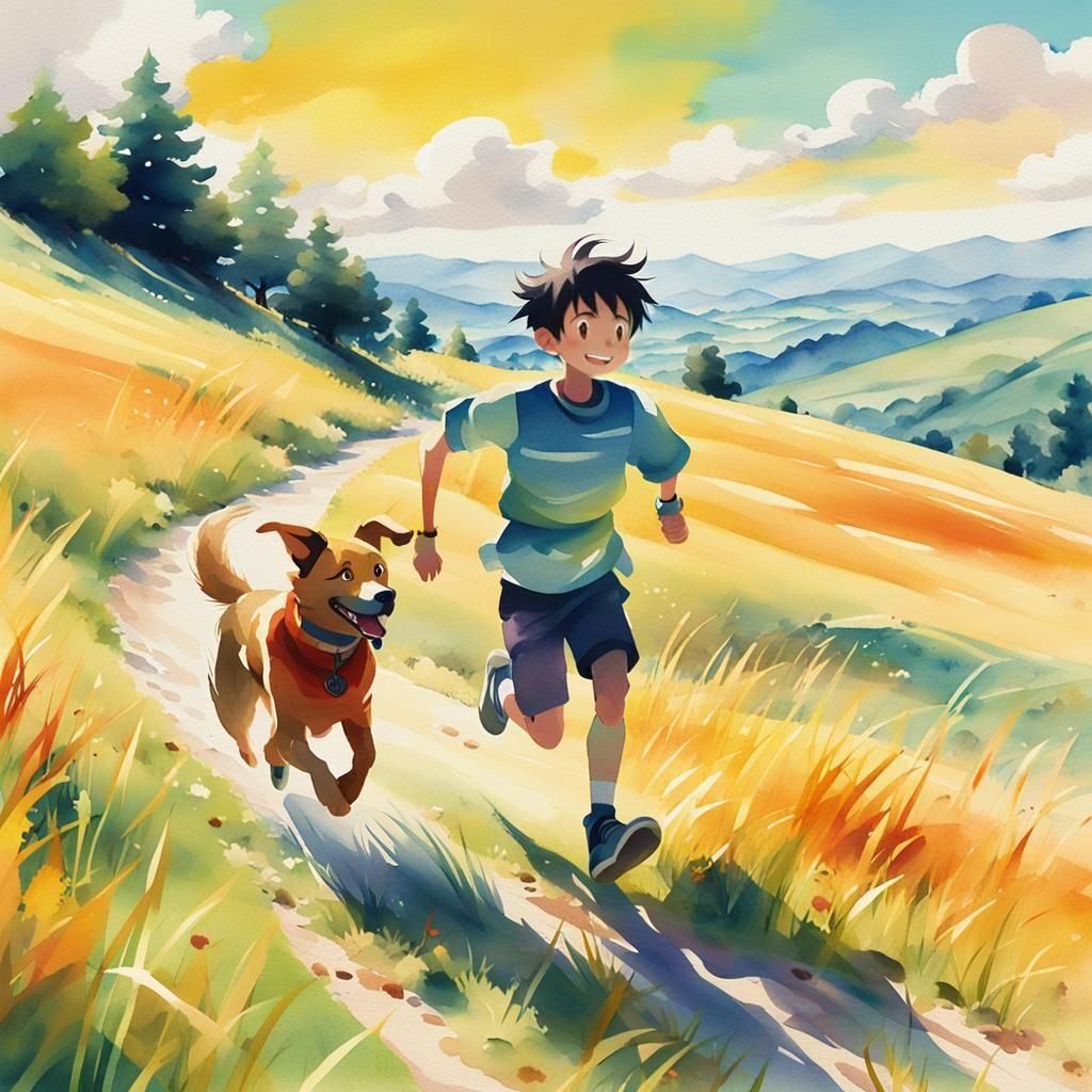 Boy and Dog Running in Anime Style