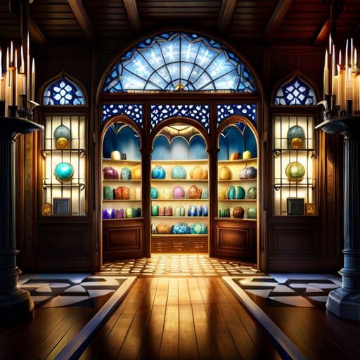 Glowing Crystals in an Antique Fantasy Store