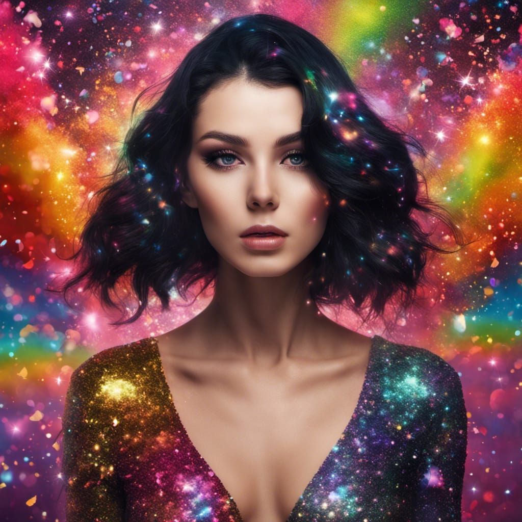 Iridescent Glitter Portrait of Woman with Black Hair