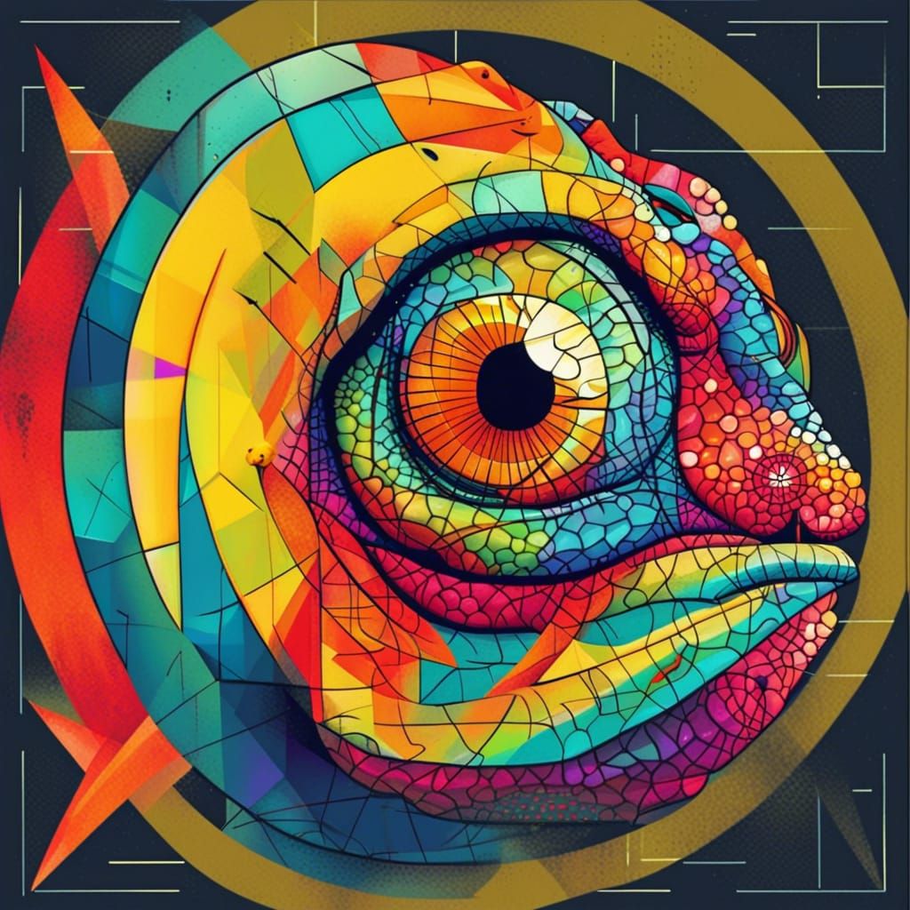 Pop Art Chameleon Face in Geometric Style