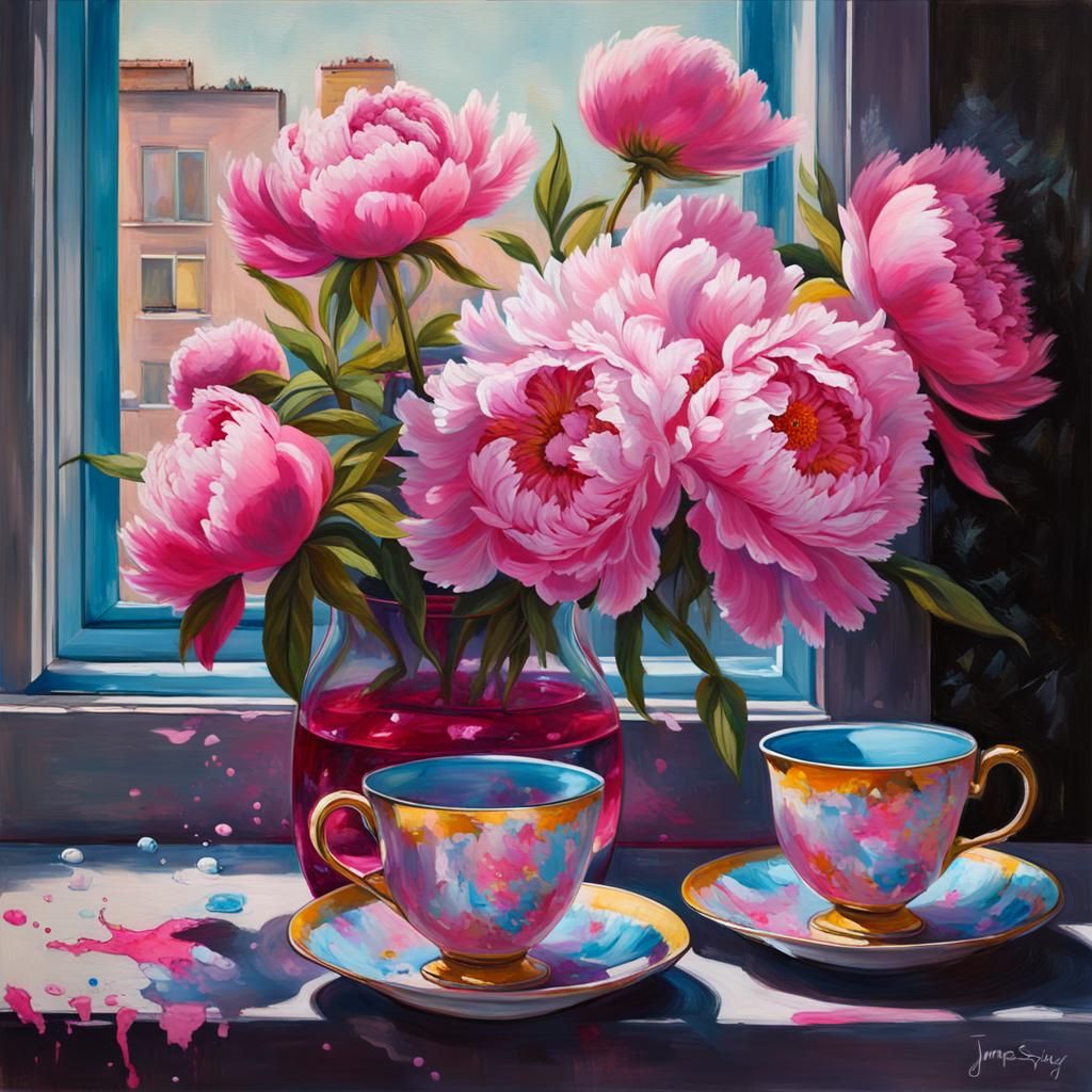 Peonies in Vase with Graffiti Art Style