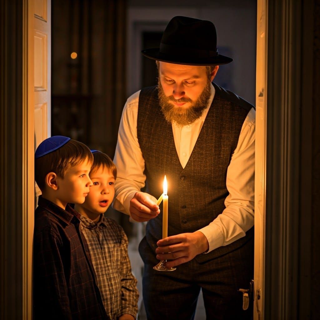 A Traditional Jewish Father Lighting Hanukkah Candles in Lit...