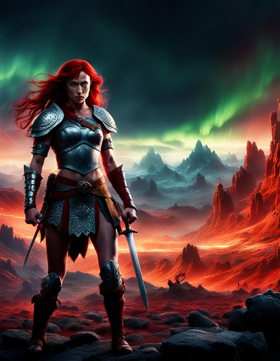 Red Sonja in a Mystical Landscape, Fantasy Art