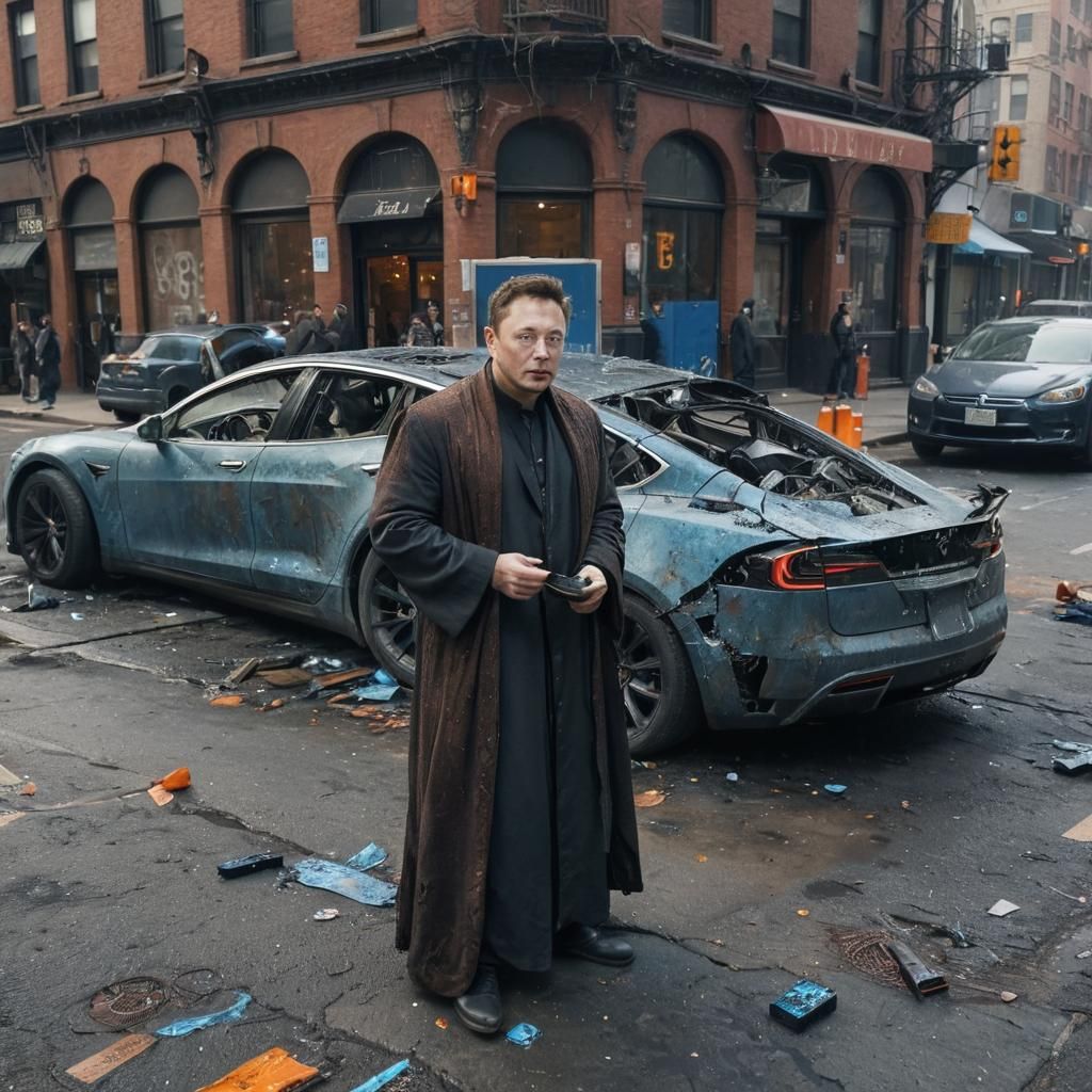 Elon Musk Beggar in Manhattan: Sci-Fi Matte Painting