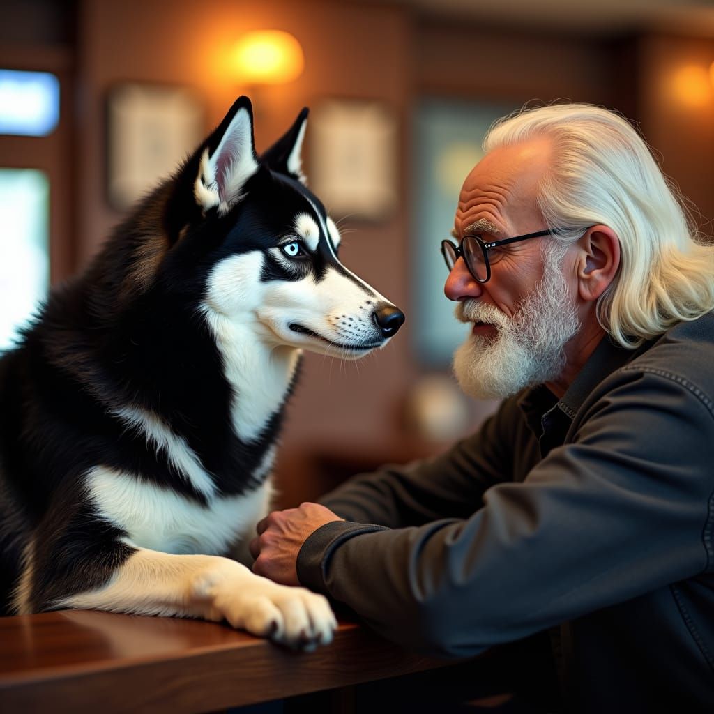 Siberian Husky Chatting at a Bar