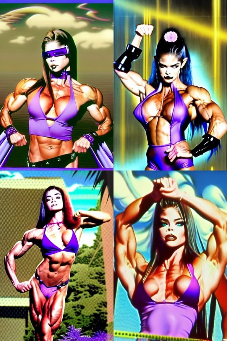 Gothic Bodybuilder Flexing in Vaporwave Anime Style