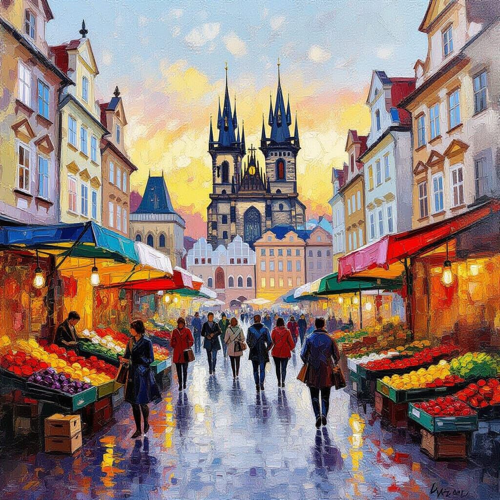 Vibrant Prague Market Scene in Textured Acrylic Style