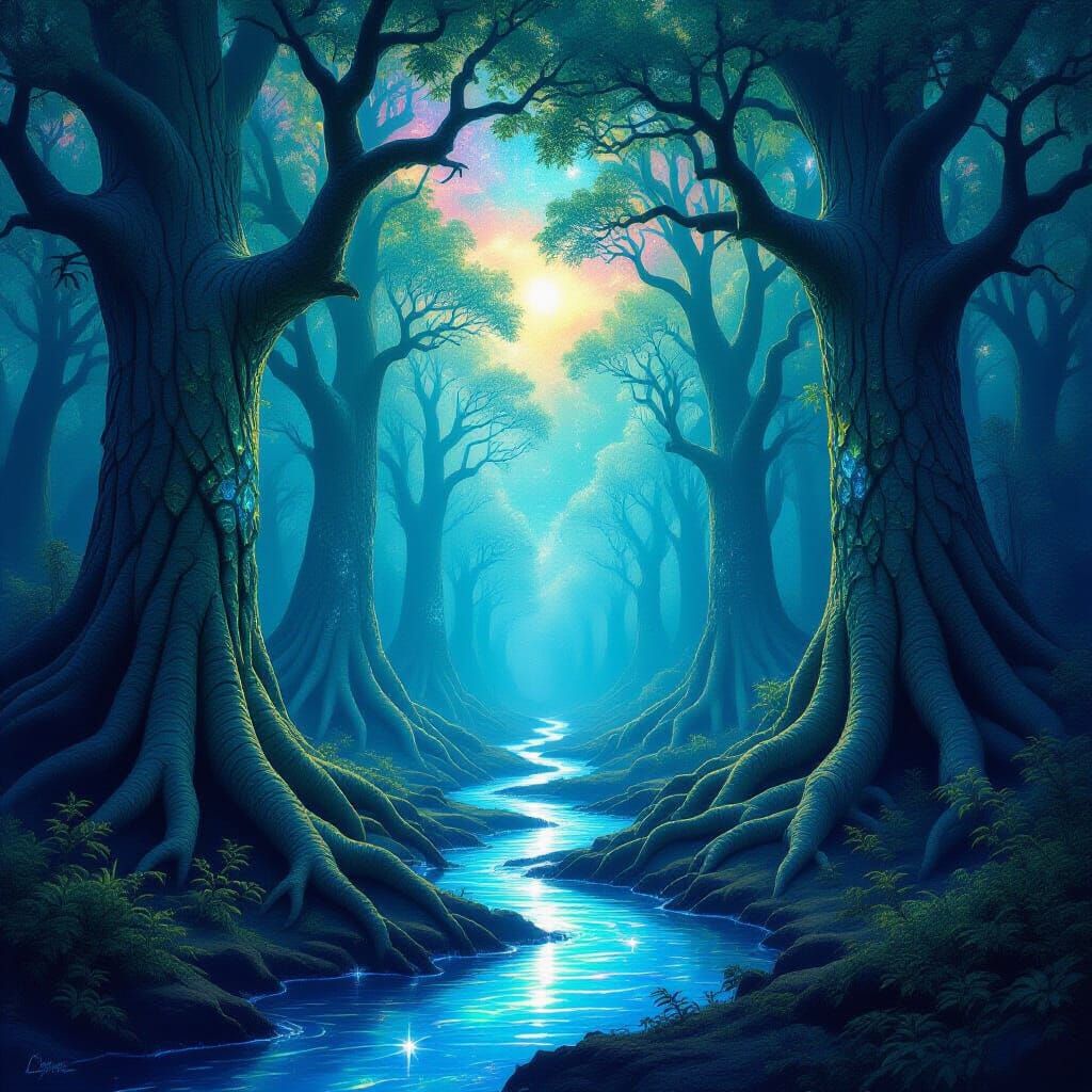 Ancient Forest with Scaled Trees Under Nebula Sky