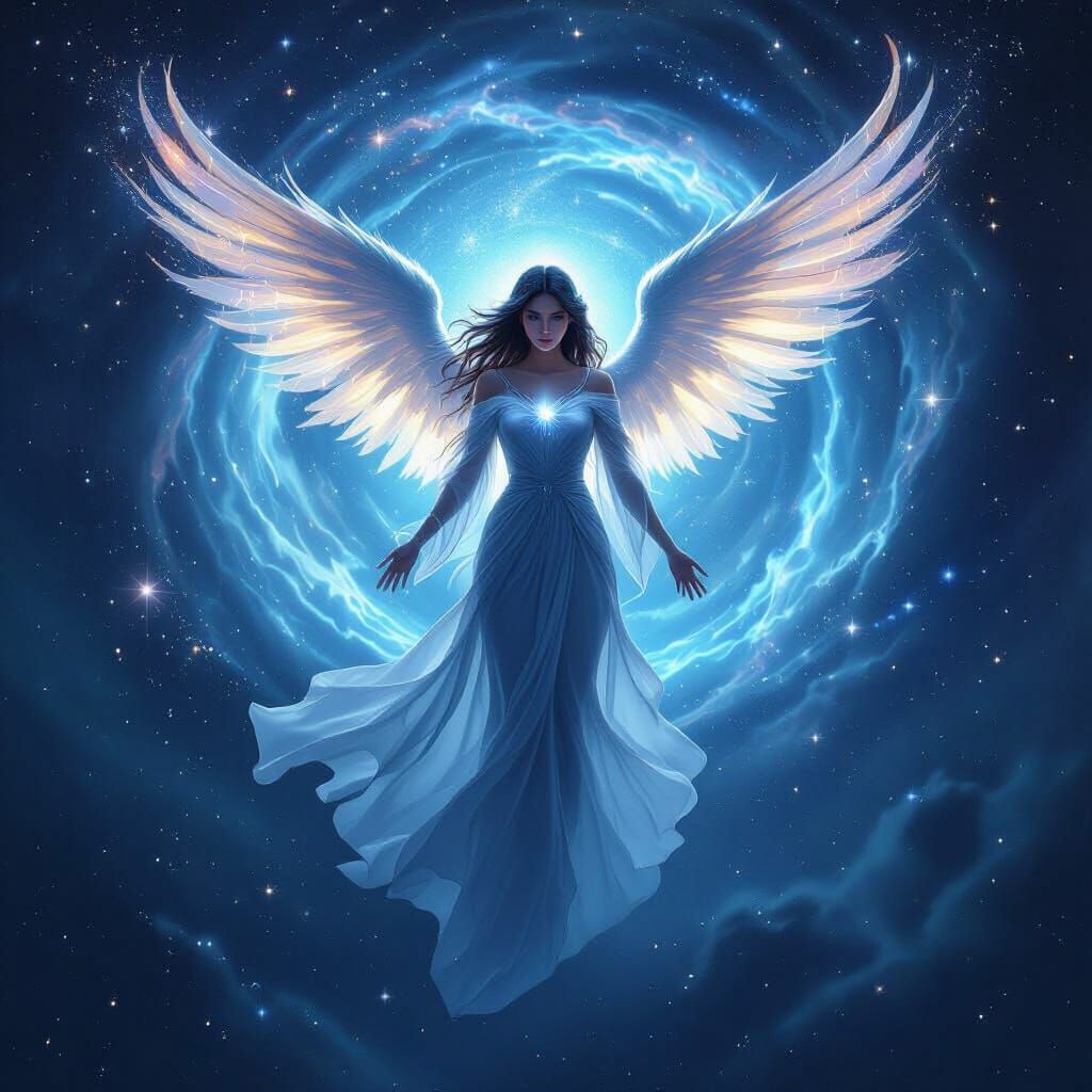 Celestial Angel Descending from Cosmic Vortex