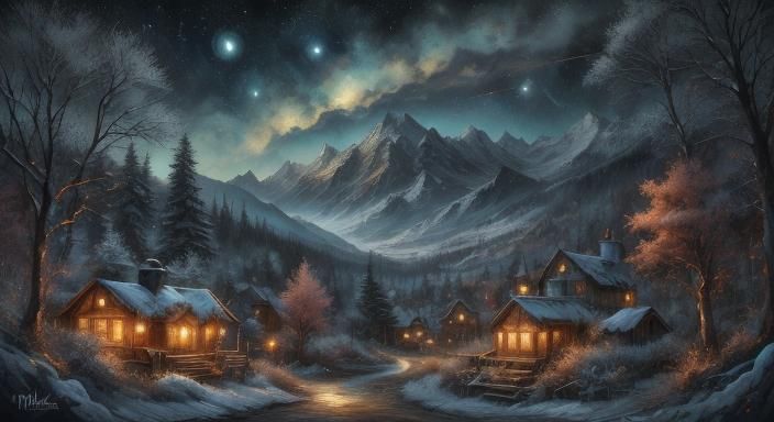 Warm Rustic Night Landscape of a Magical Forest