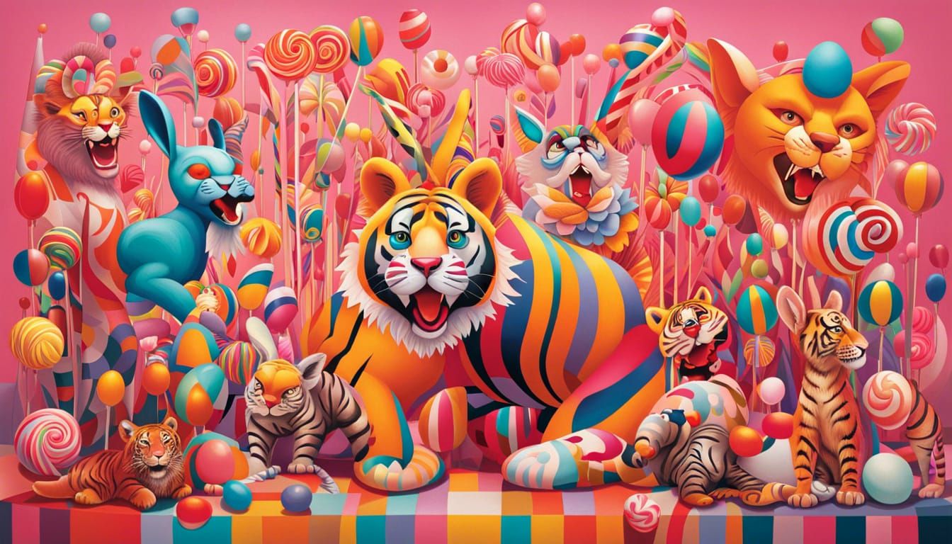 Clowns and ballerinas here and there, Clowns and ballerinas ervywhere, Lollipops here, lollipops there, Candy canes all ...