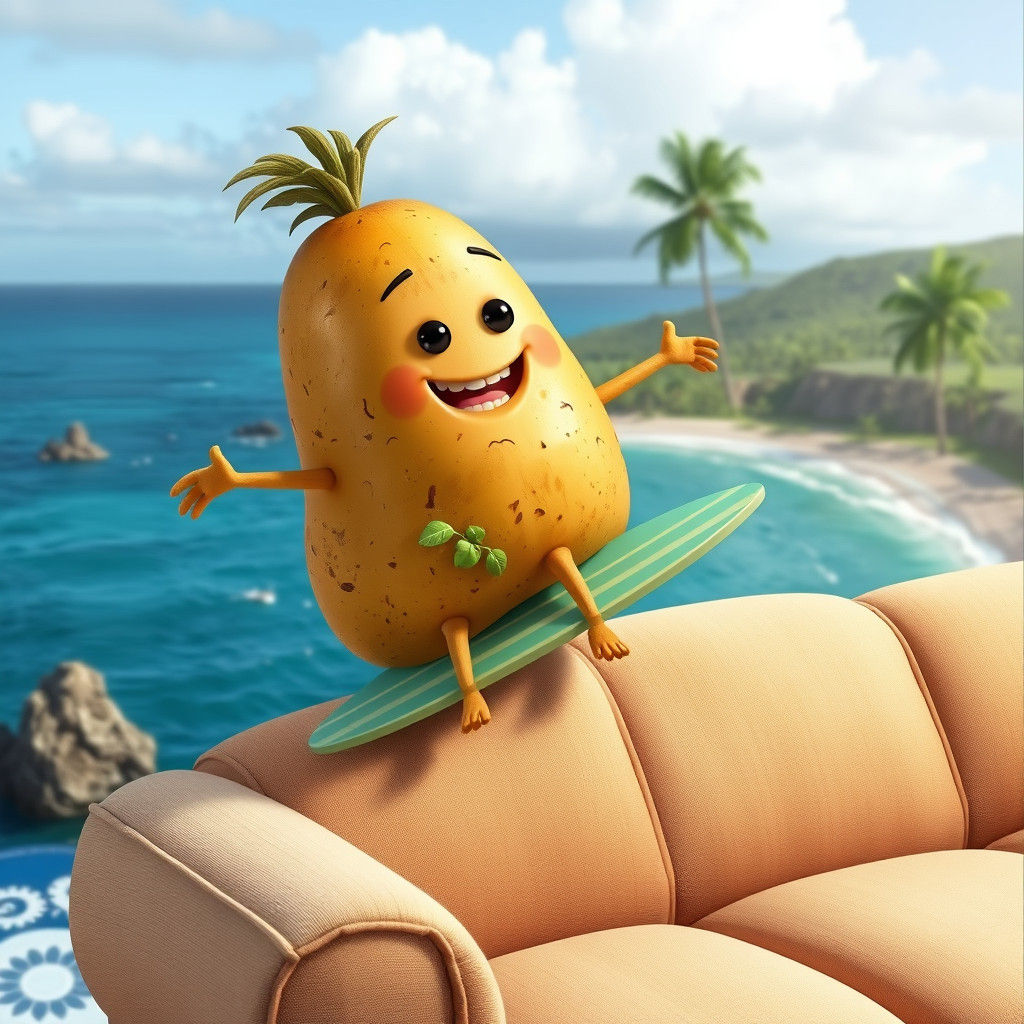Anthropomorphic Potato Surfing a Couch in Hawaii