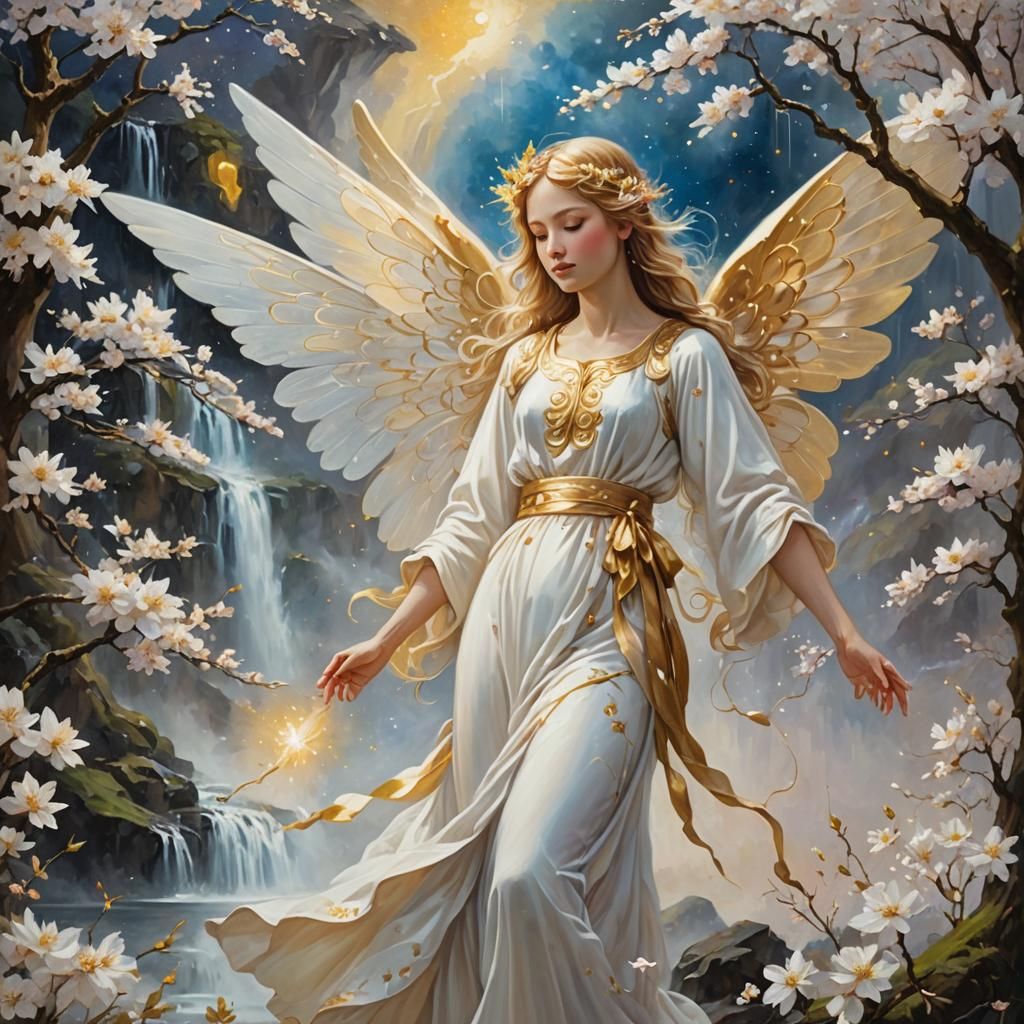 Fairy Touching Angel in Cosmic Landscape as Oil Painting