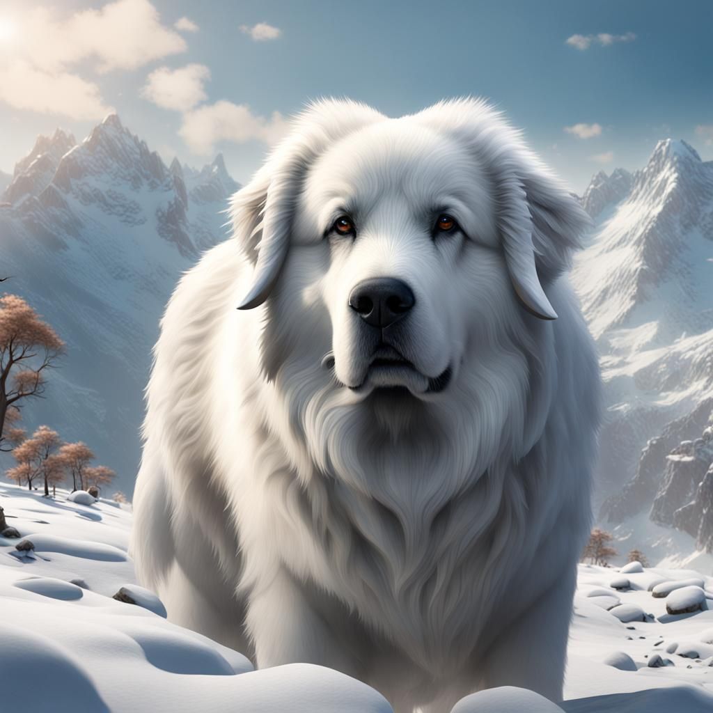 Great Pyrenees on Snowy Mountain in Detailed Matte Painting