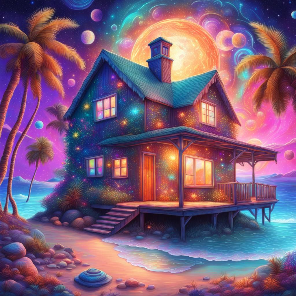 Cosmic Beach Cottage: Holographic Astral Illustration