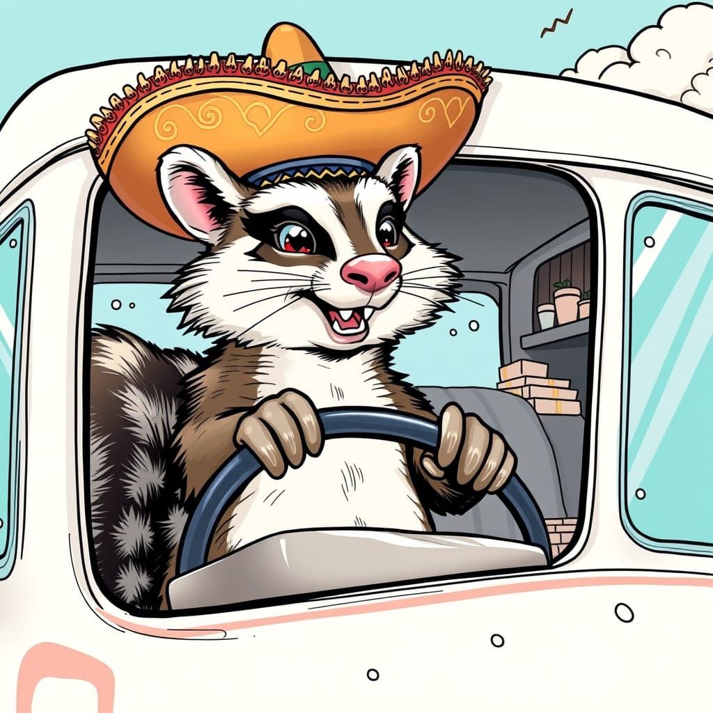 Skunk in Sombrero Driving Ice Cream Van