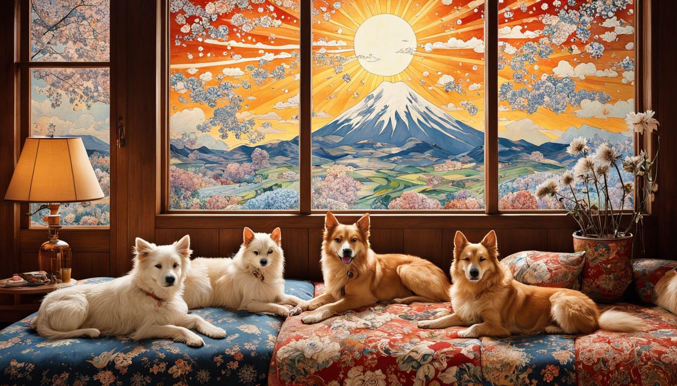 Surreal Winter Scene of Sleeping Pets in Impressionist Style