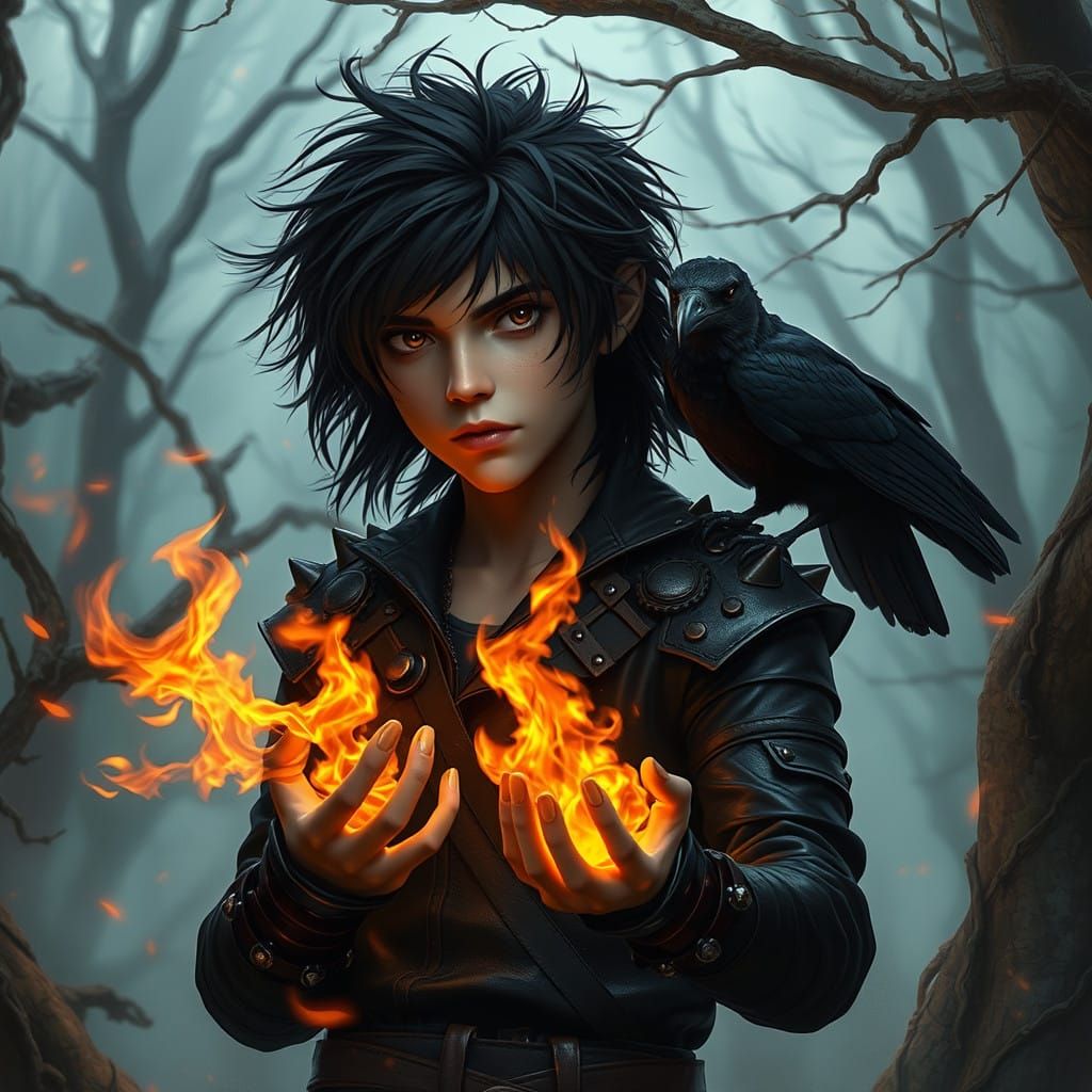 Dark Fantasy Warrior Embracing Flames in the Mystic Forest