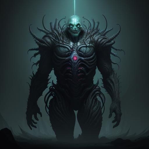 Grotesque Bio-Organic Horror Creature in Dark Mist